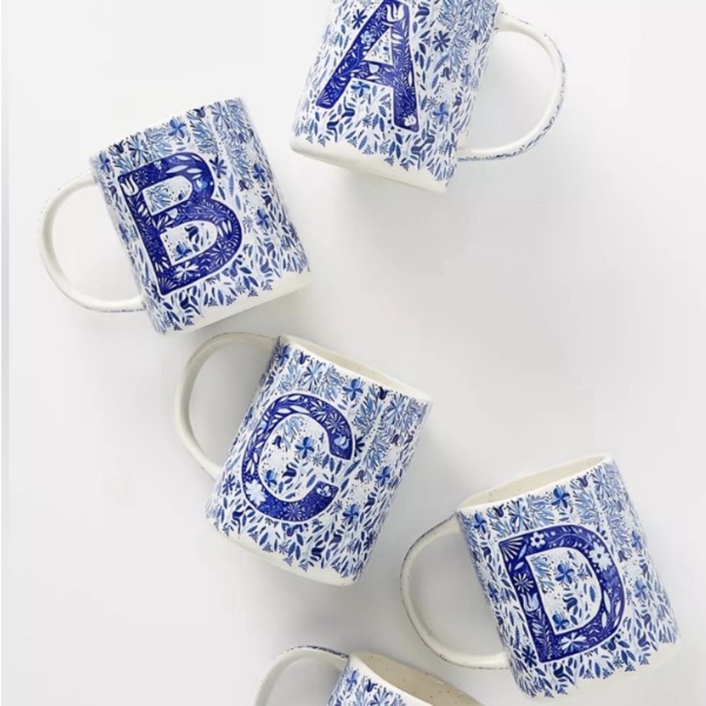 Anthropologie blue and white floral mug.